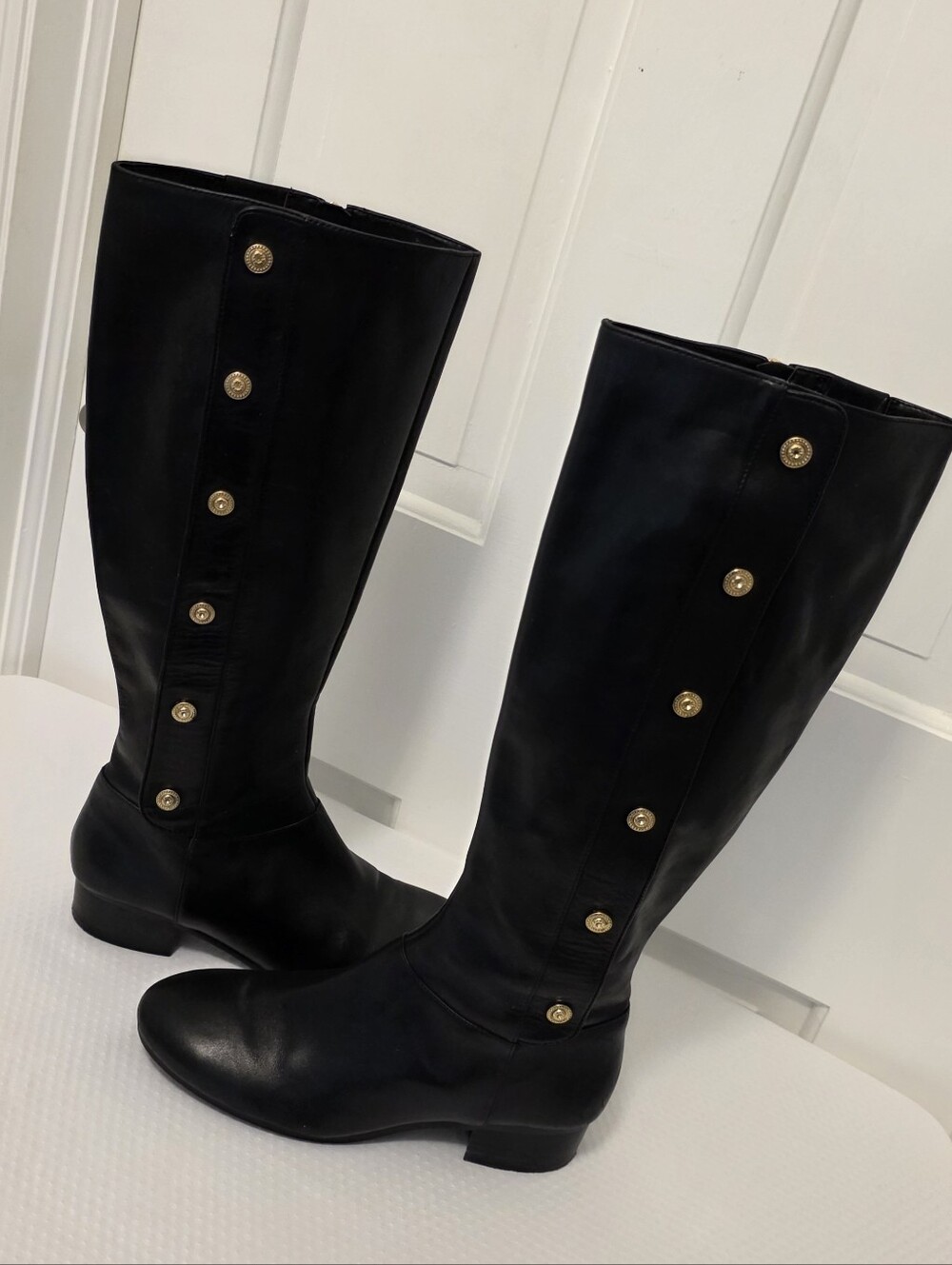 Nine West Black Leather Knee-High Boots W/Gold Button Accents Size 7.5M Nworeyan - Picture 4 of 13